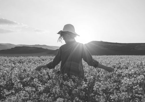 Unrecognizable thoughtful woman walking among flowers in the countryside. Melancholy concept